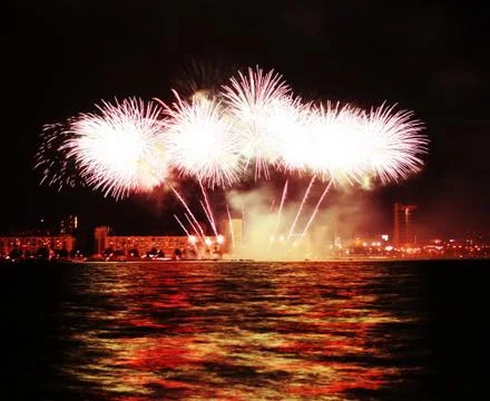 A collage of exploding fireworks Stockfoto's
