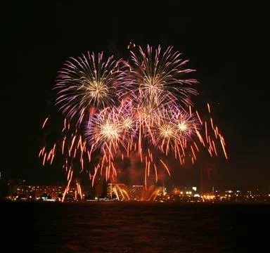 A collage of exploding fireworks Stockfoto's