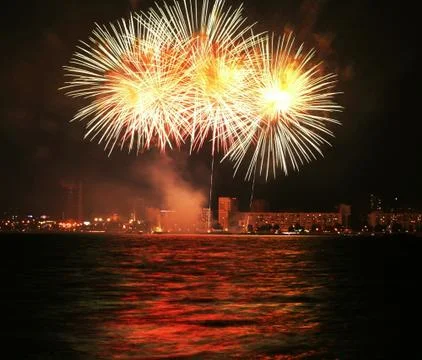A collage of exploding fireworks Stockfoto's