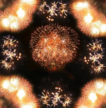 A collage of exploding fireworks Stockfoto's