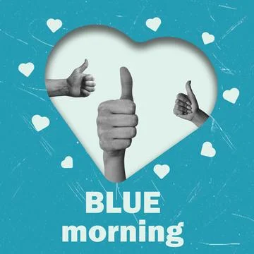 This collage explores the theme of Blue Monday with a bright blue background. Stock Photos