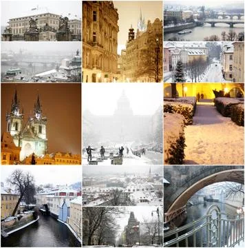Collage fabulous winter prague Stock Illustration