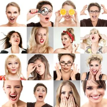 Collage of faces with different emotions. Collection of beautiful woman portr Stock Photos