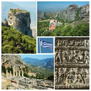 Collage of famous greek landmarks - ancient delphi town, meteora,thessalonike Stock Photos