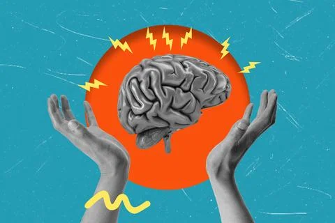A collage features two hands supporting a brain while bright colors frame the Stock Photos