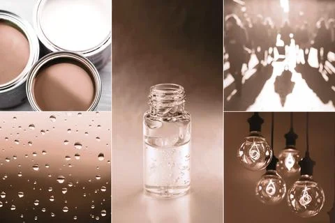 Collage featuring warm tones with light bulbs and water droplets Stock Photos