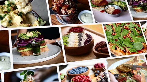 The collage is filled with vegetarian dishes made from natural products Stock Footage 208216111