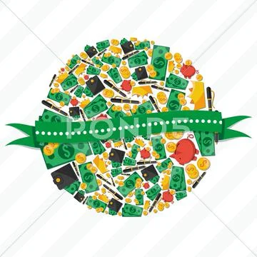 Collage from financial elements with ribbon for an inscription Stock Illustration