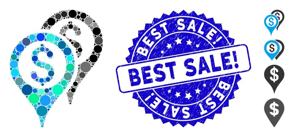 Collage Financial Map Pointers Icon with Scratched Best Sale! Stamp Illustrazione stock