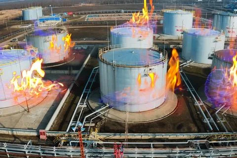 Collage. Fire at refinery. Flames and smoke of fire. Stock Photos