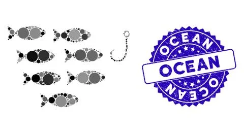 Collage Fish Hook Icon with Grunge Ocean Stamp Stock Illustration