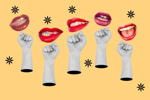 Collage of five hands and five mouths on an orange background Stock Illustration