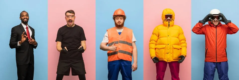 Collage of five young men different professions isolated on multicolored Stock Photos