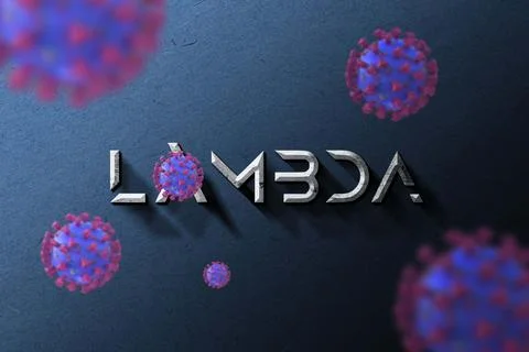 Collage of flu COVID-19 Lambda virus cells in the air. 3D rendering Stock Illustration