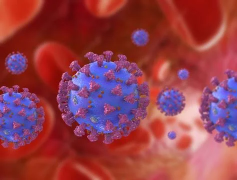 A collage of flu COVID-19 virus cells inside of the blood vessel. 3D rendering Stock Illustration