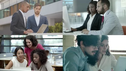 Collage of focused people working in team and using computer Stock Footage 132941958