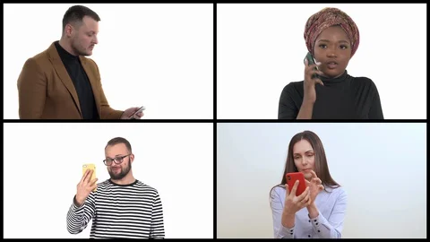 Collage of four charming millennial people with smartphones. Hi tech concept. Stock Footage 129754583