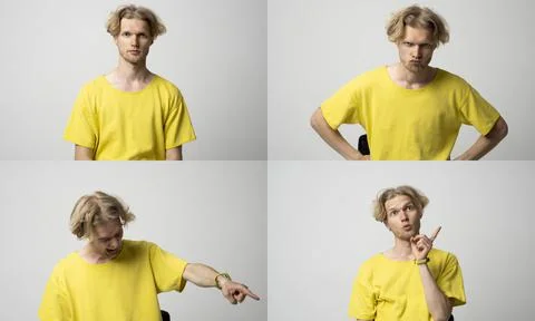 Collage with four different emotions in one young man in yellow t-shirt on white Stock Photos