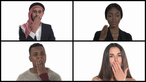 Collage of four millennial multiracial happy people sending air kisses. Body Stock Footage 129393785