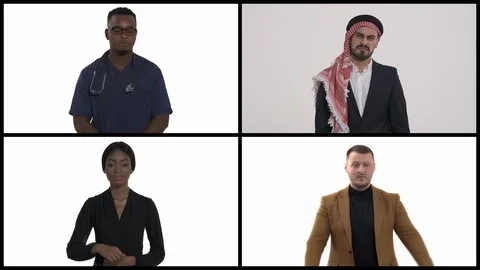 Collage of four millennial people demonstrating thumbs down gesture. Body Stock Footage 129569231