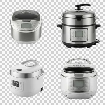 Collage of four modern automatic multicooker appliances for kitchen isolate.. Photos