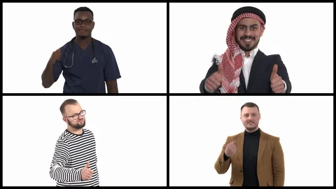 Collage of four multiracial men demonstrating thumbs up gesture. Body language Video stock 129569151