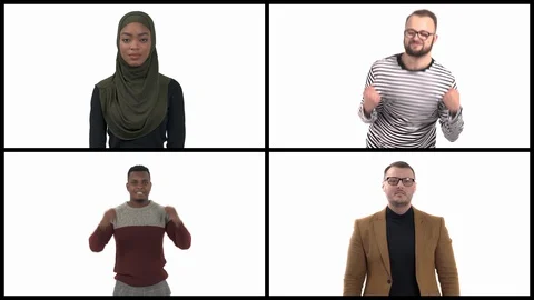 Collage of four multiracial people demonstrating positive gestures. Emotion of Stock Footage 129756435