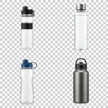 Collage of four reusable plastic and metal water bottles on isolated transp.. Stock Photos