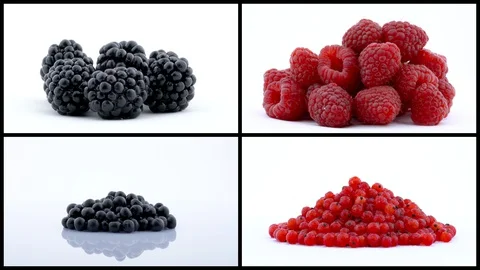 Collage of fresh and juicy raspberry, blueberries, currant, bilberry fruits Stock Footage 129771206