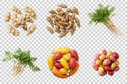 Collage of fresh root vegetables and potatoes on transparent background, to.. Fotos Stock