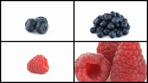 Collage of fresh tasty raspberry, bilberry fruits rotating. Demonstration of Stock Footage 129774281