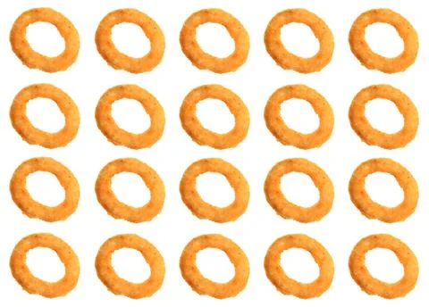 Collage of fried onion ring on white background. Pattern design Stock Photos