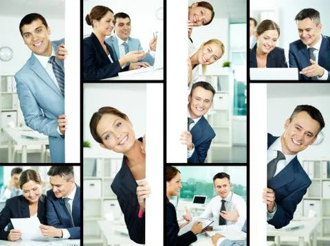 Collage of friendly professionals planning work and peeking out of poster Foto stock