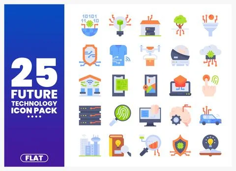 A collage of future technology flat icons in a grid on a white background. Stock Illustration