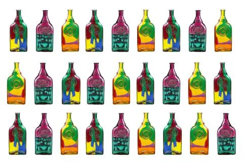 Collage of glass bottles with an abstract pattern on a white background Stock Photos