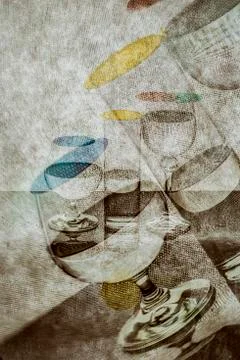 Collage with glass goblets on a reflective surface 库存插图