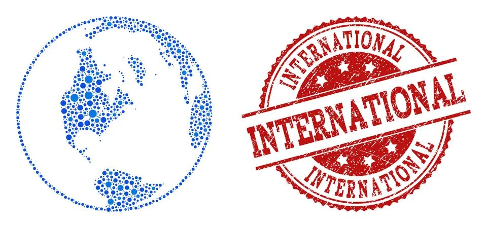 Collage Global Map of World with Connected Points and Scratched Seal Stock Illustration
