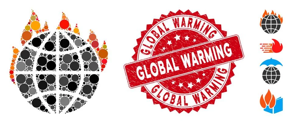 Collage Global Warming Fire Icon with Grunge Global Warming Stamp Stock Illustration