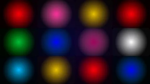 Collage of glowing colored circles and light gradients on black with light .. Stock Illustration
