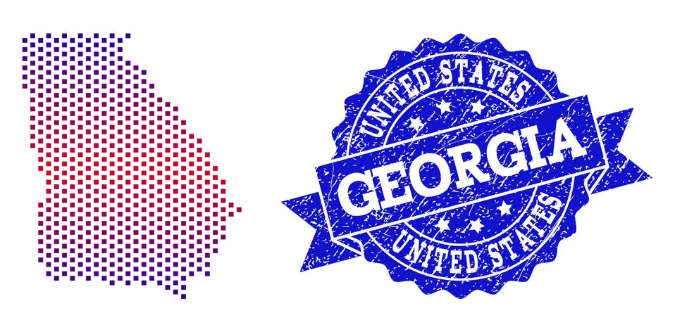 Collage of Gradiented Dotted Map of Georgia State and Grunged Stamp Stock Illustration