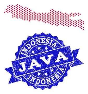 Collage of Gradiented Dotted Map of Java Island and Grunged Stamp Stock-Illustration