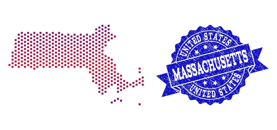 Collage of Gradiented Dotted Map of Massachusetts State and Grunged Stamp 스톡 일러스트
