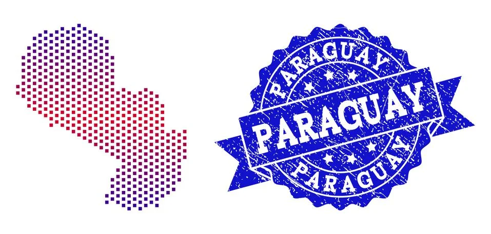 Collage of Gradiented Dotted Map of Paraguay and Grunged Stamp イラスト素材