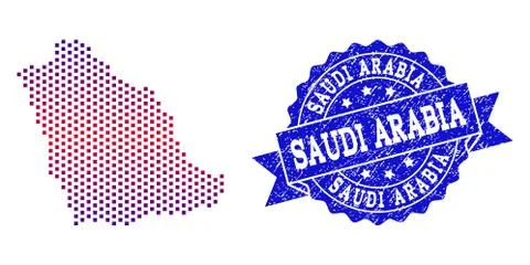 Collage of Gradiented Dotted Map of Saudi Arabia and Grunged Stamp Illustrazione stock