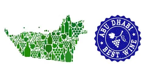 Collage of Grape Wine Map of Abu Dhabi Emirate and Best Wine Grunge Watermark Stock Illustration