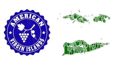 Collage of Grape Wine Map of American Virgin Islands and Grape Grunge Stamp 스톡 일러스트