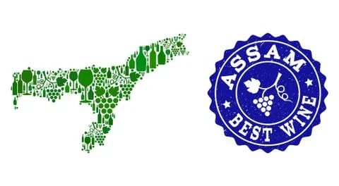 Collage of Grape Wine Map of Assam State and Best Wine Grunge Watermark Illustrazione stock