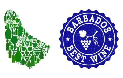 Collage of Grape Wine Map of Barbados and Best Wine Grunge Watermark Stock-Illustration