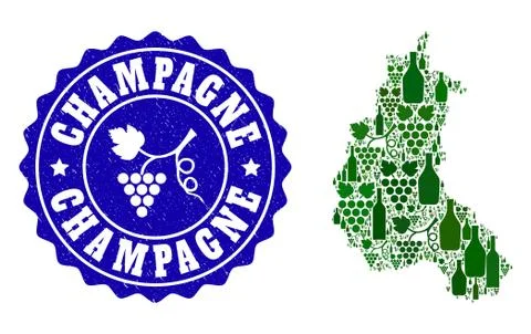 Collage of Grape Wine Map of Champagne Province and Grape Grunge Stamp Illustrazione stock