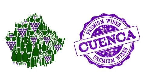 Collage of Grape Wine Map of Cuenca Province and Premium Wines Stamp Illustrazione stock